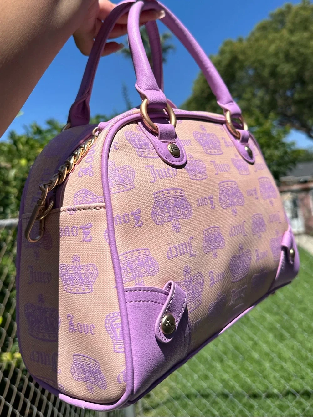 Juicy Couture Y2K Pink Lavender Monogram Bowler Satchel Crossbody Purse NWT